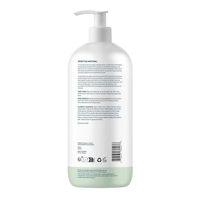 ATTITUDE Nourishing Hair Conditioner for Sensitive Dry Scalp, Dry and Damaged Hair, Soothing Oat, Naturally Dervied Ingredients, Dermatologically Tested, Vegan Detangler, 32 Fl Oz