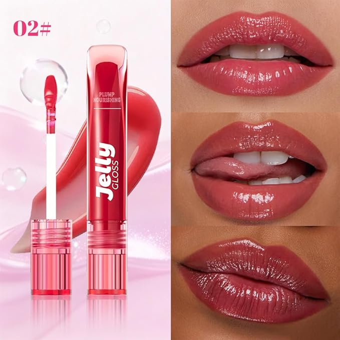 Jelly Lip Gloss, Soft Lip Tint, Instantly creates a Sheer Glass-like Shine, Cool Blue Red Rose Mocha Bean Chocolate Brown Colors, Smoothing, Moisturizing, Plump and Hydrated (B02)