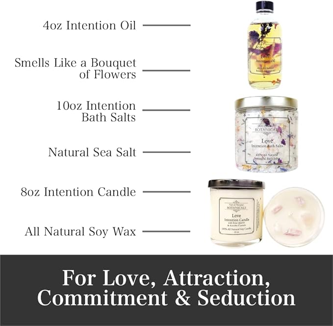 Love Intention Ritual Spa Set | 100% Natural | 10 oz Soy Candle, 4 oz Intention Oil, 8 oz Bath Salts | Attraction, Commitment, Seduction Rituals | Wiccan, Pagan, Spiritual Gift