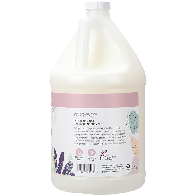Ginger Lily Farms Botanicals Moisturizing Shampoo for All Hair Types, 100% Vegan & Cruelty-Free, Whispering Rose Scent, 1 Gallon (128 fl oz) Refill