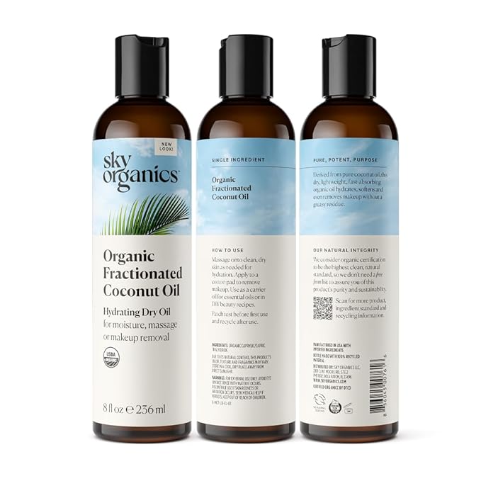 Sky Organics Hydrating fractionated Dry Oil, Coconut Oil, for Moisture, Massage and Makeup Removal, For All Skin Types, 100% Pure and Cold Pressed Multipurpose Body and Face Oil