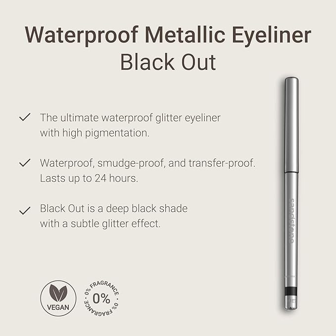 Sandstone Scandinavia Hypoallergenic Waterproof Metallic Eyeliner Pencil – Black – Fragrance-Free, Vegan – Smudge-Proof Eye Liner for Sensitive Eyes