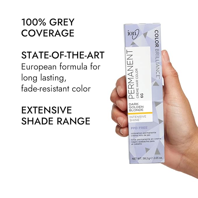 Ion Permanent Creme Hair Color 6G Golden Blonde, Vegan, Cruelty Free, PPD Free, 100% Gray Coverage, Long Lasting, Fade Resistant Color, 2.05 oz