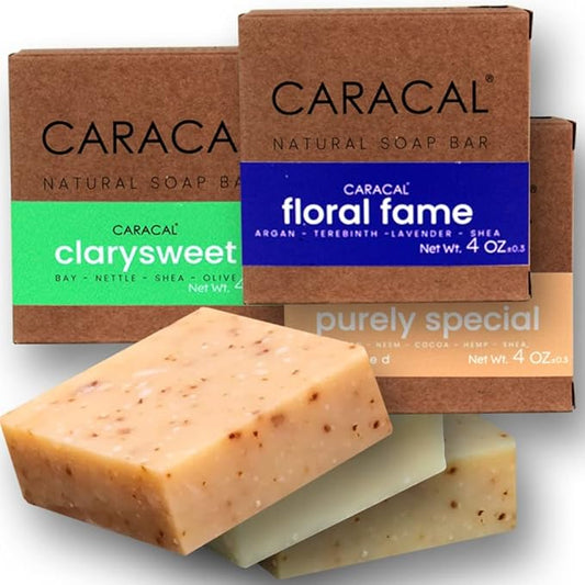 CARACAL 3-Bar Variety Pack, Handmade Vegan All Natural Soap for Men; ClarySweet, Purely Special, Floral Fame