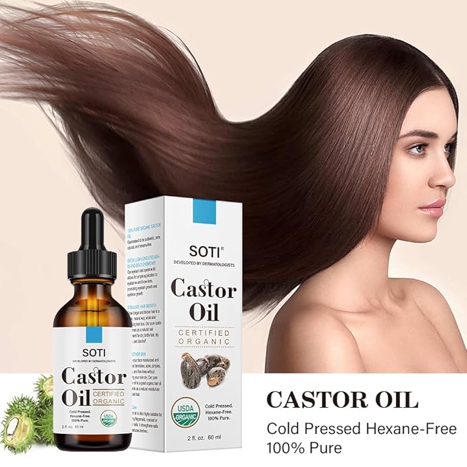 Soti Organic Castor Oil, USDA Certified 100% Pure, Cold Pressed, Hexane Free (2oz), Eyelash Serum for Brows, Eyelashes Growth, Hair, Skin Moisturizer, Vegan, Undiluted, Glass Bottle (2oz)