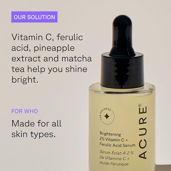 Acure Brightening 2% Vitamin C & Ferulic Acid Serum - Vit C Serum for Face, Anti Aging, Bright Glow for Women & Men, Facial Skincare, Vegan & Cruelty Free - 1 fl oz (2 Pack)