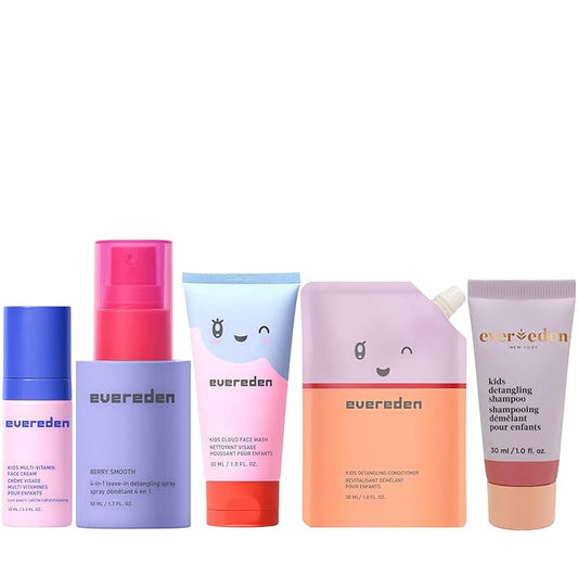 Evereden Kids Travel Set: Clean & Vegan 5-Piece Holiday Gift Set | Multi-Vitamin Skin Care Set for Toddlers with Detangling Spray, Face Wash, Cream, Shampoo, Conditioner | Travel Size Toiletries
