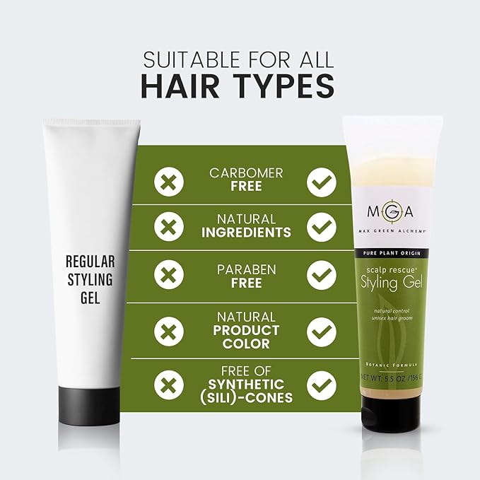 MGA Vegan Hair Styling Gel - Scalp Rescue Organic Formula for Flexible & Natural Hair Style | Curly Hair Products for Men & Women Provides Frizz Control | Alcohol Free & Color Safe Hair Gel, 5.5 Fl Oz