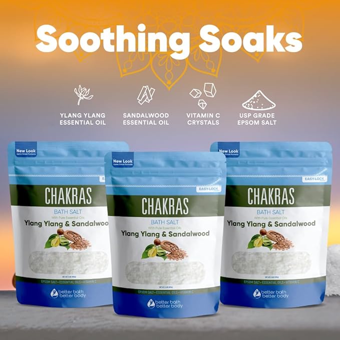 Chakras Bath Salt (3 Pack) USP Epsom Salt with Natural Ylang Ylang and Sandalwood Essential Oils Plus Vitamin C in BPA Free Pouch with Easy Press Lock Seal Made in USA Bundle 6 Lbs Total