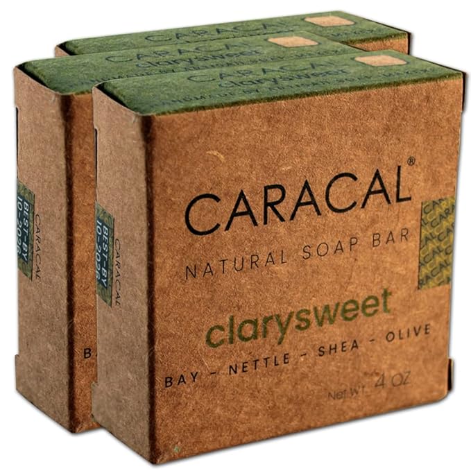 CARACAL Clarysweet Vegan Herbal Natural Soap Bar for Men Women (3-Pack) Strong Woodsy Bay Laurel, Clary Sage, Nettle, Olive, Castor Oils & Shea Butter