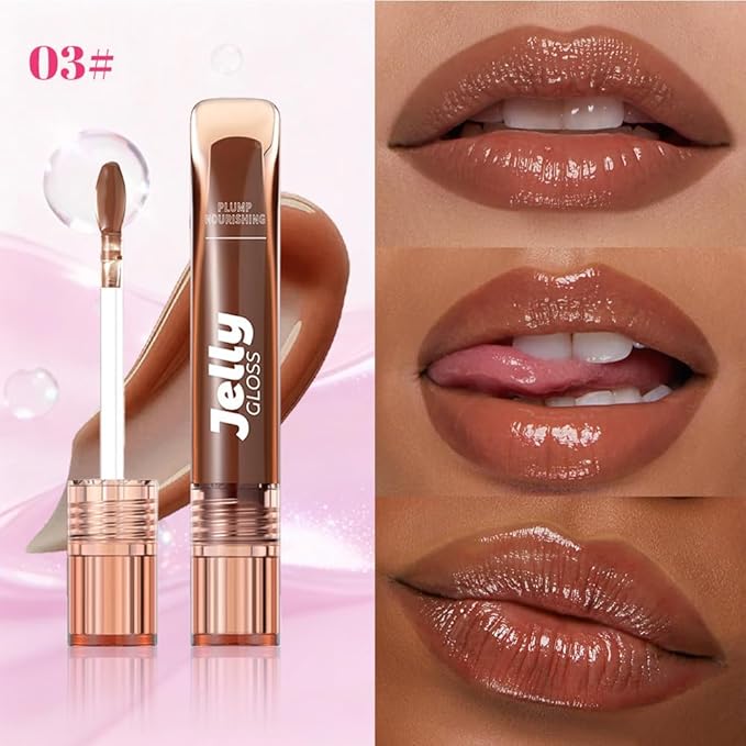 Jelly Lip Gloss, Soft Lip Tint, Instantly creates a Sheer Glass-like Shine, Cool Blue Red Rose Mocha Bean Chocolate Brown Colors, Smoothing, Moisturizing, Plump and Hydrated (B03)