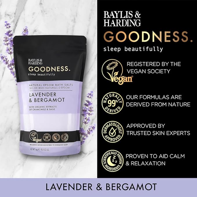 Baylis & Harding Goodness Sleep Lavender & Bergamot Epsom Salts 35.2 fl. oz (Pack of 4) - Vegan Friendly