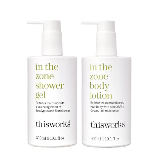 This Works In The Zone Body Lotion & Shower Gel Set: Hydrating Moisturizer & Refreshing Body Wash with Essential Oils, Eucalyptus & Frankincense, Vegan, 10.1 oz Each