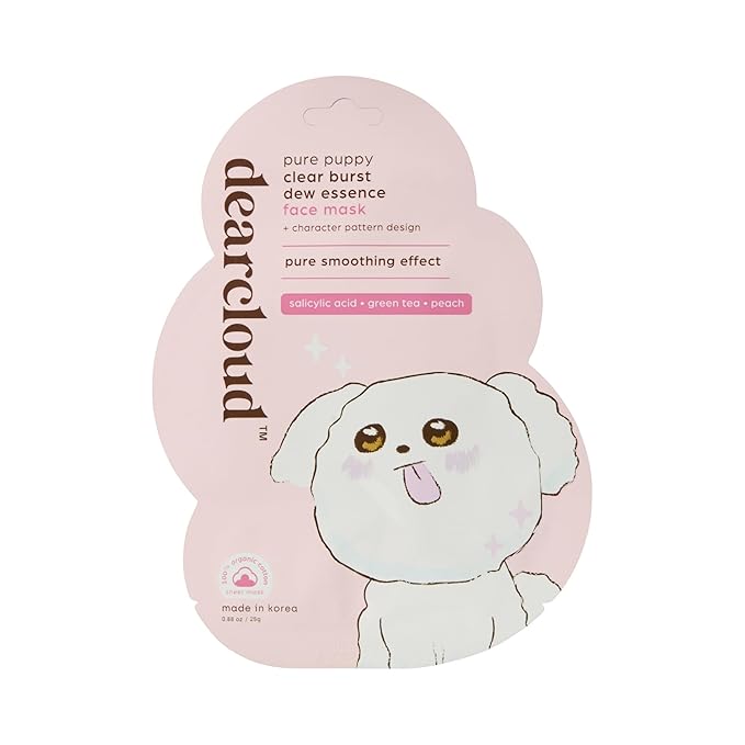 dearcloud Pure Puppy Clear Burst Dew Essence Face Mask, Korean Sheet Mask - Salicylic Acid, Green Tea & Peach (3 Count)