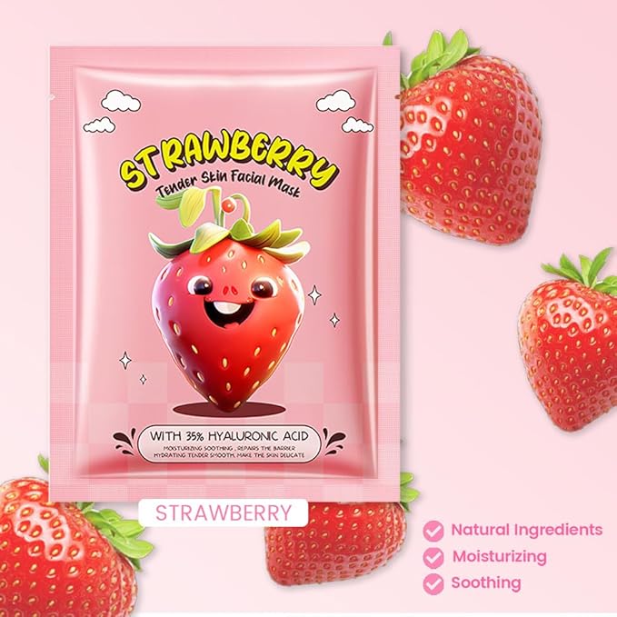 Kaely 12 Pack Strawberry Face Masks for Kids, Kids Face Mask Spa Day Kit Supplies, Spa Party Favors for Teens Girls Women, Sheet Facial Mask Skincare Gifts Set, Moisturize for All Skin Types, 06