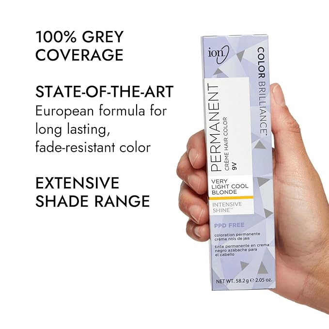 Ion Permanent Creme Hair Color 9V Very Light Cool Blonde, Vegan, Cruelty Free, PPD Free, 100% Gray Coverage, Long Lasting, Fade Resistant Color, 2.05 oz