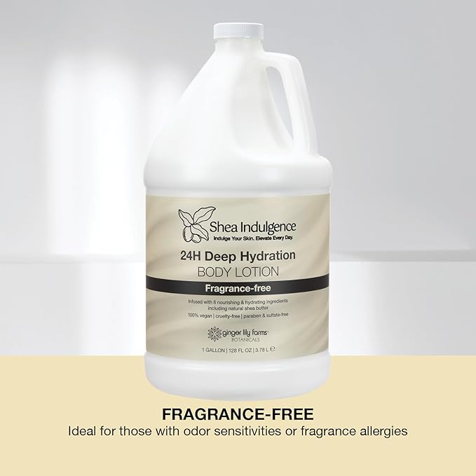 Ginger Lily Farms Botanicals Shea Indulgence 24H Deep Hydration Body Lotion, 100% Vegan & Cruelty-Free, Fragrance-Free, 1 Gallon (128 fl oz) Refill