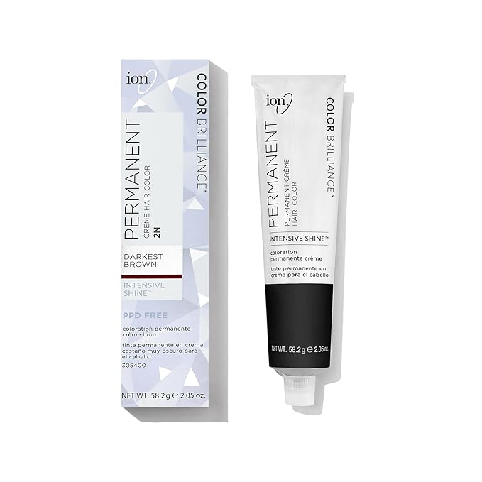 Ion Permanent Creme Hair Color 2N Darkest Brown, Vegan, Cruelty Free, PPD Free, 100% Gray Coverage, Long Lasting, Fade Resistant Color, 2.05 oz