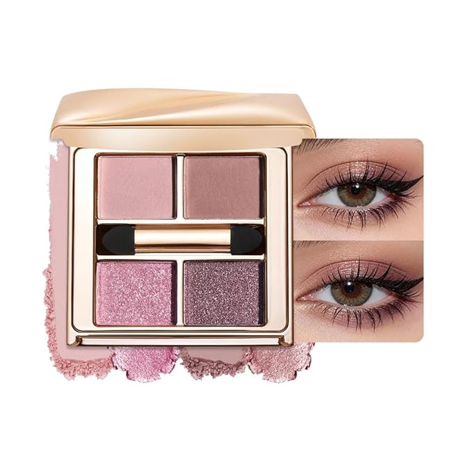 Cool Pink Mauve Eyeshadow Palette, 4 Matte & Glitter Shades for Icy Rose Glow and Romantic Soft Glam Looks — Enhances Brown, Hazel & Green Eyes, Long-Lasting High Pigment Blendable Eye Makeup 1