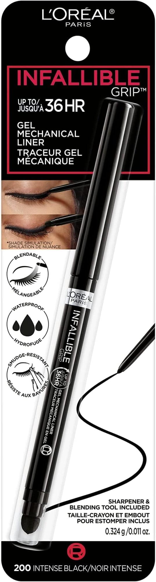 L'Oreal Paris Infallible Grip Mechanical Gel Eyeliner Pencil, Smudge-Resistant, Waterproof Eye Makeup with Up to 36HR Wear, Intense Black, 0.01 Oz