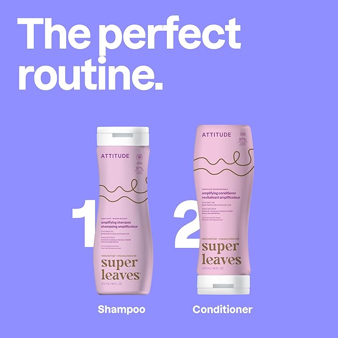 ATTITUDE Amplifying Conditioner for Curly Hair with Coconut Oil, Vegan Detangler and Naturally Derived Ingredients, 2a, 2b, 2c Curl Type, Gives body to Curls, 16 Fl Oz