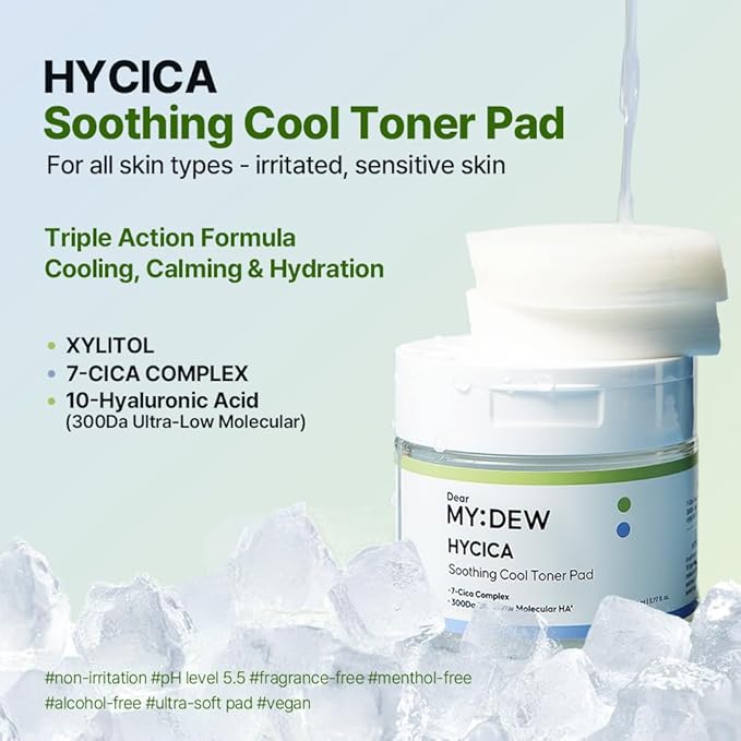 HYCICA Soothing Toner Pad | Cooling Calming Hydration for Sensitive Skin with XYLITOL, Centella, Ultra-Low Molecular Hyaluronic Acid, Vegan Fragrance-Free Korean Skincare, 70 Pads