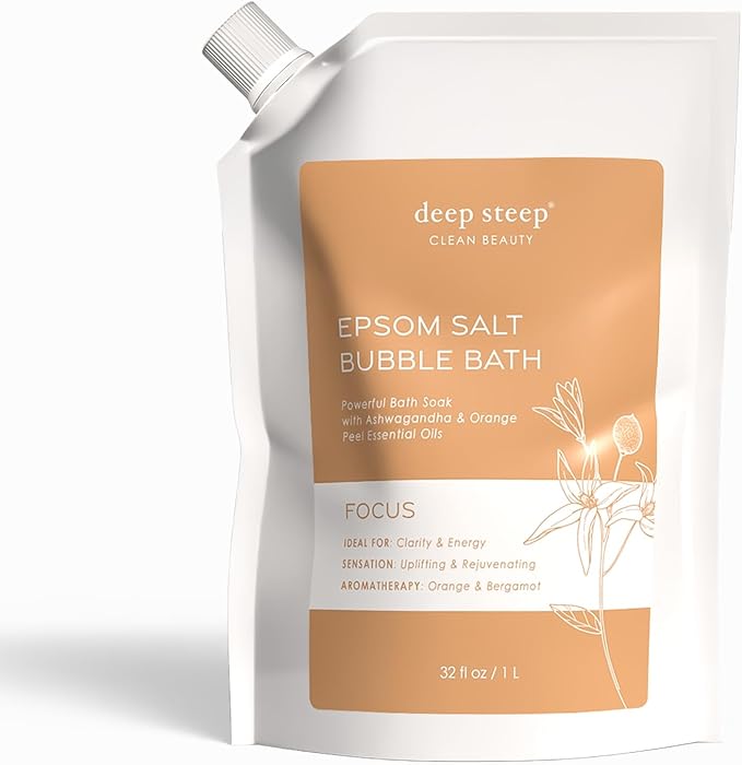 Deep Steep Epsom Salt Bubble Bath, Focus, 32 oz – Spa Soak with Epsom Salt, Ashwagandha, Orange Peel & Essential Oils – Vegan, Clean Beauty, Muscle Relief & Mental Clarity