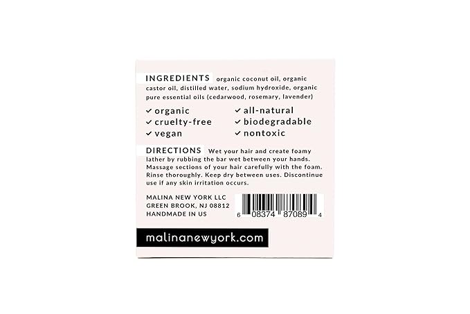 Malina™ Organic Shampoo Bar | Coconut & Castor Oil | Pure Essential Oils | Sulfate-Free | Handmade | Vegan | No Synthetic Fragrance | Cruelty-Free | Certified Organic Ingredients