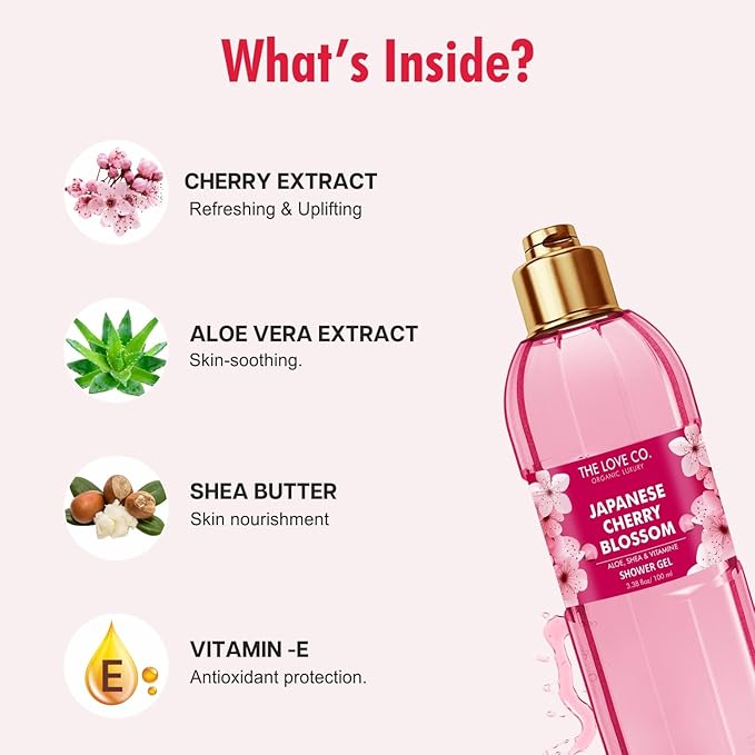 THE LOVE CO Japanese Cherry Blossom Shower Gel | Aloe & Vitamin E for Hydration & Skin Nourishment | 100% Vegan & Paraben-Free | Luxurious, Long-Lasting Fragrance | For Women & Men 100ml
