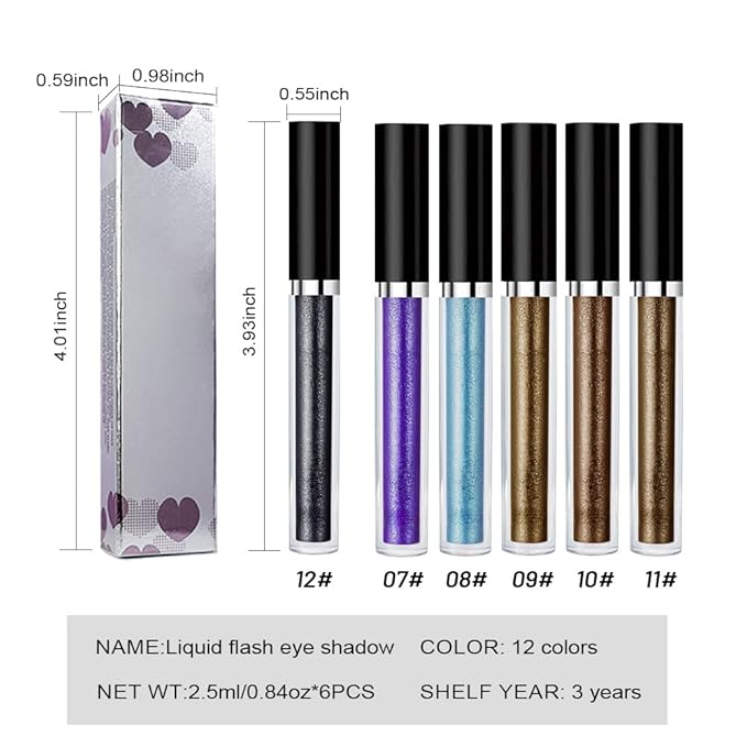 SUAKE Liquid Sparkling Glitter Eyeshadow Stick Pack - High Pigment Shimmer Metallic Eye Shadow, Long-Lasting, White Blue Black Gold Purple Bold Colors,Quicking-Dry (7#-12#, Pack of 6)