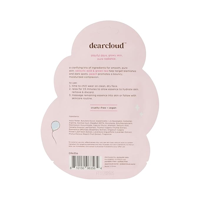 dearcloud Pure Puppy Clear Burst Dew Essence Face Mask, Korean Sheet Mask - Salicylic Acid, Green Tea & Peach (3 Count)
