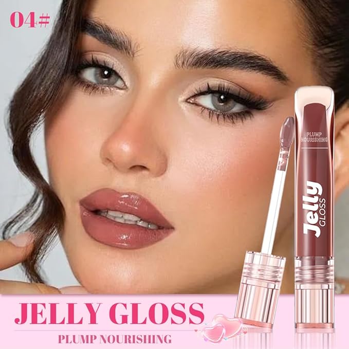 Jelly Lip Gloss, Soft Lip Tint, Instantly creates a Sheer Glass-like Shine, Cool Blue Red Rose Mocha Bean Chocolate Brown Colors, Smoothing, Moisturizing, Plump and Hydrated (B04)