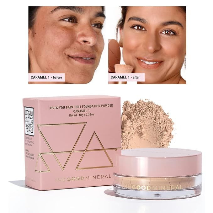 The Good Mineral Loves-You-Back 3in1 Mineral Powder Foundation (CARAMEL 1) | Designed for acne-prone, sensitive skin reducing the appearance of acne and scars without layers | Vegan + Cruelty Free