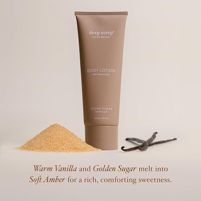 Deep Steep Body Lotion, Brown Sugar Vanilla, 8 oz – Moisturizer with Coconut Oil, Shea Butter, Argan Oil, Aloe Vera & Niacinamide – Vegan, Clean Beauty, Daily Skin Hydration