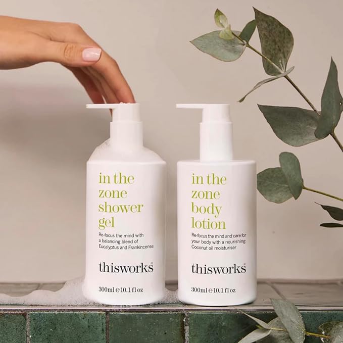 This Works In The Zone Body Lotion & Shower Gel Set: Hydrating Moisturizer & Refreshing Body Wash with Essential Oils, Eucalyptus & Frankincense, Vegan, 10.1 oz Each