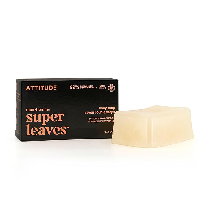 ATTITUDE Bar Soap Body Wash for Men, For Body and Hands, 99% Natural Origin Ingredients with Avocado Oil, EWG Verified, Patchouli & Bourbon, 4 Oz