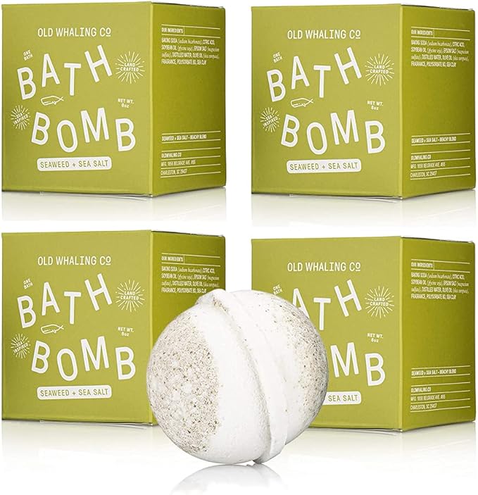 Old Whaling Co Seaweed and Sea Salt Bath Bomb – Set of 4 – Handmade Bath Soak with Epsom Salts – Cleansing, Soothing and Moisturizing Fizz – Sea Spray, Bergamot and Sand Jasmine Scent, 8 oz