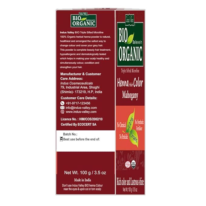 Indus Valley Bio Organic Natural Henna Hair Color For Grey Hairs -100gm, 100% Gray Hair Coverage And Long Lasting Hair Dye | Mahogany Vegan and Cruelty-Free-Pack of 2