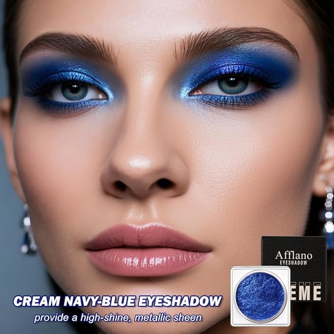 DE'LANCI Metallic Blue Cream Eyeshadow, Sparkling Ultra-Blendable Formula Dark Blue Cream Shimmer Eye Shadow, Moisturizing Professional Single Creme Navy Eyeshadow Makeup for Day & Night, 04#