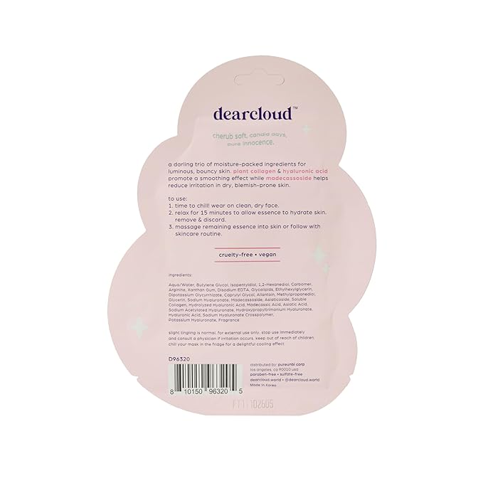 dearcloud Beary Glowy Skin Deep Moisturizing Dew Essence Face Mask, Korean Sheet Mask - Vegan Collagen, Hyaluronic Acid & Madecassoside (3 Count)