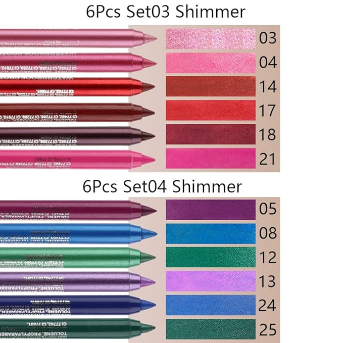 Kaely 6Pcs Glitter Gel Eyeliner Pencil Set for Women, Color Eye Liner Waterproof Smudge Proof with Sharpener, High Pigmented Eye Makeup Liners, lapiz de ojos delineador de ojos contra el agua, 04