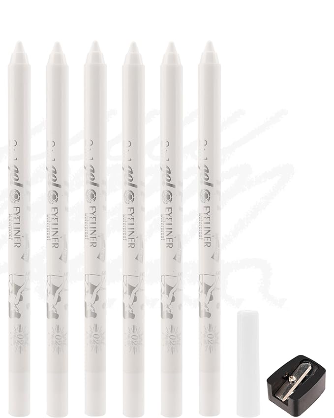 6Pcs White Eyeliner for Waterline, Cream Gel Eyeliner Waterline Waterproof Smudge-Proof Eye Liner Pencils, Matte Rich Colored Eye Brightener Pen for Sensitive Eyes, Multi-Use Makeup with Sharpener