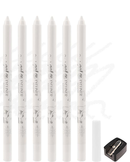 6Pcs White Eyeliner for Waterline, Cream Gel Eyeliner Waterline Waterproof Smudge-Proof Eye Liner Pencils, Matte Rich Colored Eye Brightener Pen for Sensitive Eyes, Multi-Use Makeup with Sharpener