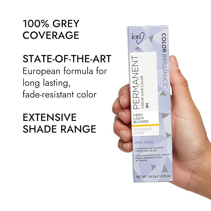 Ion Permanent Creme Hair Color 9N Very Light Blonde, Vegan, Cruelty Free, PPD Free, 100% Gray Coverage, Long Lasting, Fade Resistant Color, 2.05 oz
