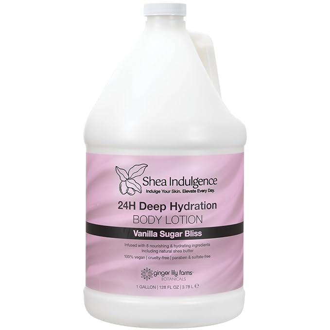 Ginger Lily Farms Botanicals Shea Indulgence 24H Deep Hydration Body Lotion, 100% Vegan & Cruelty-Free, Vanilla Sugar Bliss Scent, 1 Gallon (128 fl oz) Refill