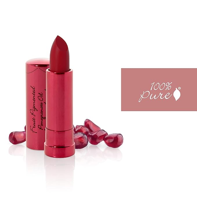 100% PURE Pomegranate Oil Anti-Aging Lipstick Long Lasting, Vibrant Makeup - Moisturizing Cocoa Butter Satin Finish - Vegan Fruit Pigmented Poppy Color (Bright Blood Red) - 0.15 oz