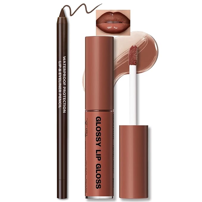 Nourishing Lip Gloss with Brown Lip Liner Lip Combo Set, Moisturizing High Shine Nude Lip Glow Oil Fresh Lightweight Glossy Plumping Lip Gloss for Women Long Wear Mini Liquid Lipstick Makeup#8