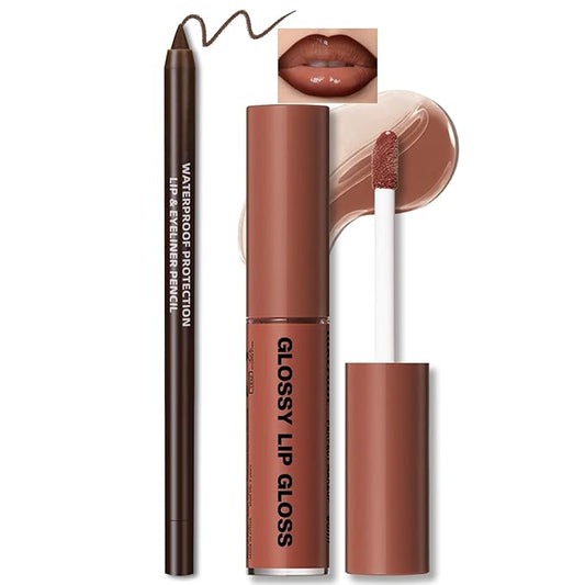 Nourishing Lip Gloss with Brown Lip Liner Lip Combo Set, Moisturizing High Shine Nude Lip Glow Oil Fresh Lightweight Glossy Plumping Lip Gloss for Women Long Wear Mini Liquid Lipstick Makeup#8