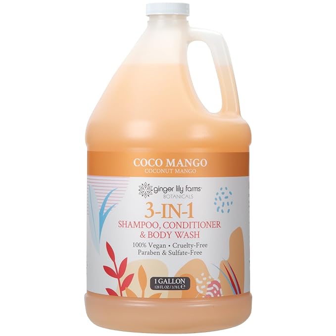 Ginger Lily Farms Botanicals 3-in-1 Shampoo, Conditioner & Body Wash, Coco Mango, 100% Vegan & Cruelty-Free, Coconut Mango Scent, 1 Gallon (Pack of 4)
