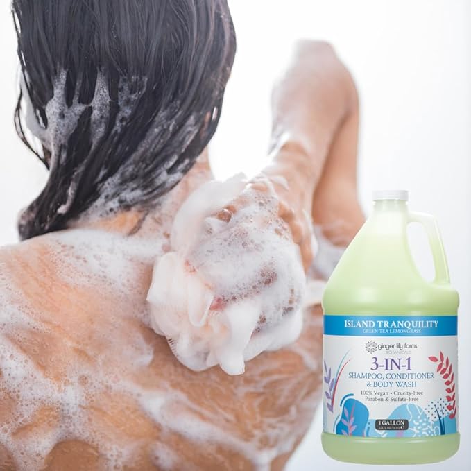 Ginger Lily Farms Botanicals 3-in-1 Shampoo, Conditioner & Body Wash, Island Tranquility, 100% Vegan & Cruelty-Free, Green Tea Lemongrass Scent, 1 Gallon (Pack of 4)